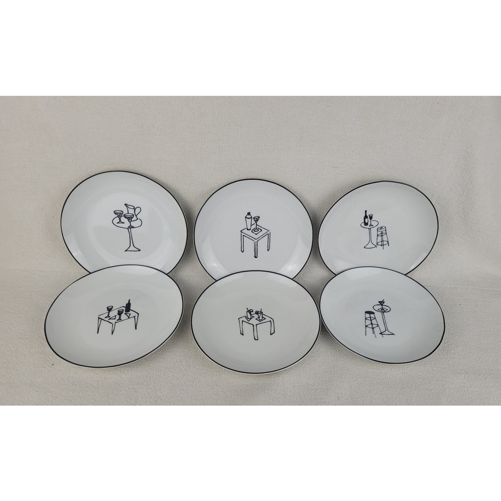 Crate & Barrel Ceramic Party Plates Appetizer Whimsical Lounge Scenes Set of 6